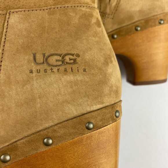 ~ UGG 10 Suede Clog Boots Tan Zip Camel Brown Women Tall Wood Heel Boho HTF Rare - Picture 4 of 14